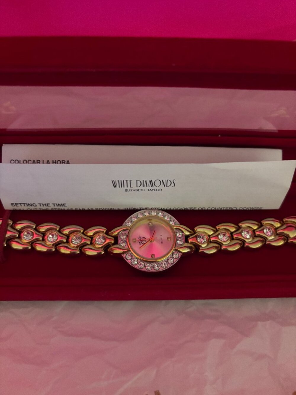 Vintage Elizabeth Taylor White Diamonds Gold Tone Crystal Watch with Box & Paper